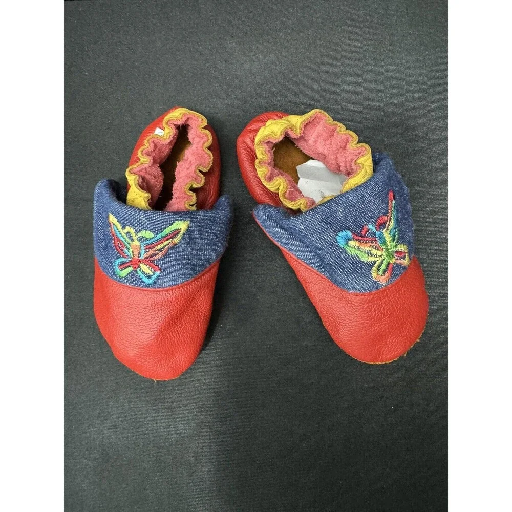 Mini-Mocs Infant Moccasin Shoes 12-18 Months Y2K Butterfly Leather Red + Denim